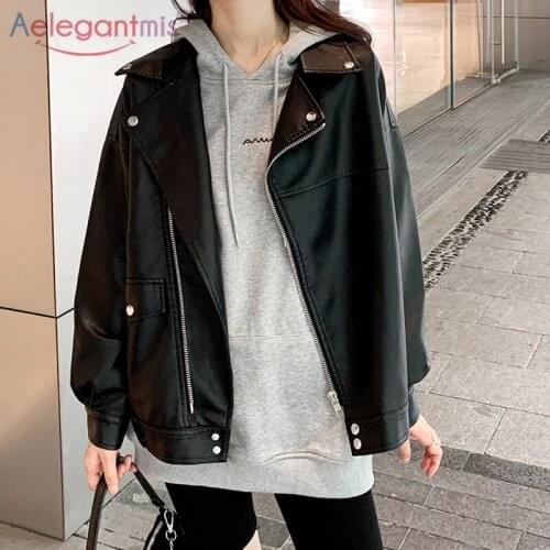 Aelegantmis New Fashion PU Leather Jacket Women 2021 Spring Autumn Faux Leather Motorcycle Jackets Lapel High Street Outwear