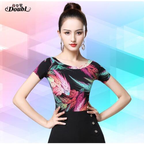 DOUBL 2020 New Vogue Womens Latin Dancing Tops Wear Printing Female Adults Ballroom Dance Short Sleeve Standard Practice Rumba