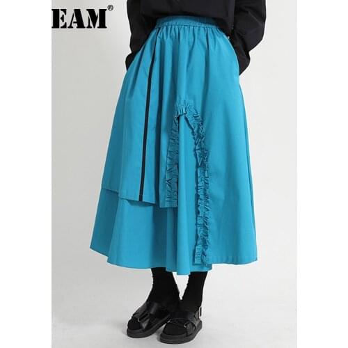 [EAM] High Elastic Waist Blue Irreuglar Long Ruffles Vintage Half-body Skirt Women Fashion Tide New Spring Autumn 2021 1DD7008
