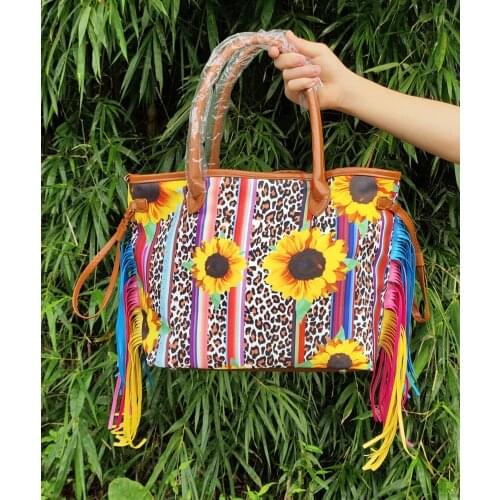 Women Tie-dye And Sunflower Print Handbags With Tassel New Female Casual Shoulder Bags Ladies Vintage Stripe Leopard Tote Bags