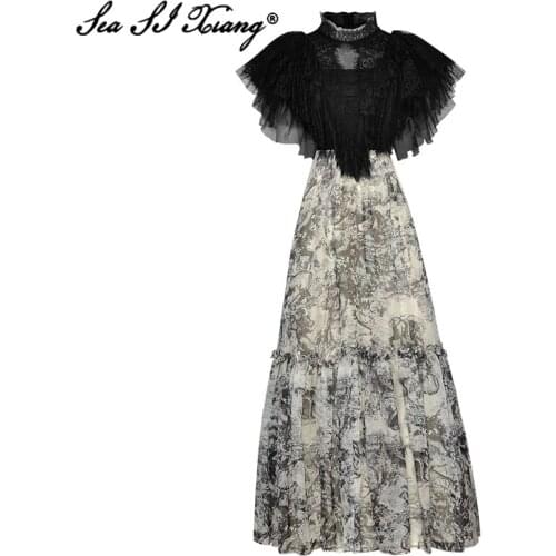 Seasixiang Fashion Designer Summer Long Dress Women Turtleneck Butterfly Sleeve Vintage Print High Waist Dresses