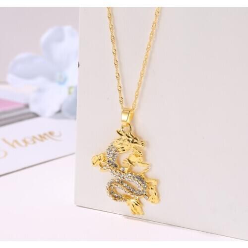 Emboss Twelve Chinese Zodiac Dragon White Rhinestone Animal Single-layer Golden Alloy Necklace for Women