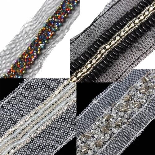 1yard Braided Beaded Sequin Rivets Trim Rhinestones Lace Ribbon Applique Decorated Bridal Dress Sewing Accessories T1555