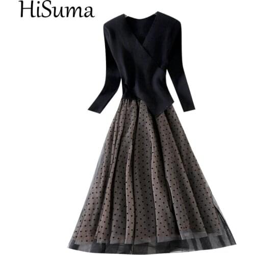 HISUMA Winter Women V-Neck Long Sleeve Pleated Ruffle Polka Dot Mesh Gauze Chic Dress Lady Elastic Slim Party Knitted Midi Dress