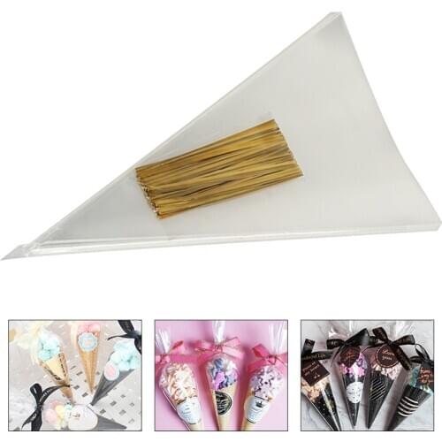 50pcs/Lot DIY Candy Bag Wedding Favors Birthday Party Decoration Sweet Cellophane Transparent Cone Storage with Organza Pouches