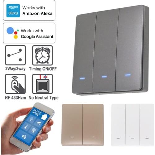 No neutral) WIFI +RF433 Button Light Wall Switch 3-Color Blue LED 86*86mm TUYA Smart Home 2Way/3Way Alexa Google Home Alice
