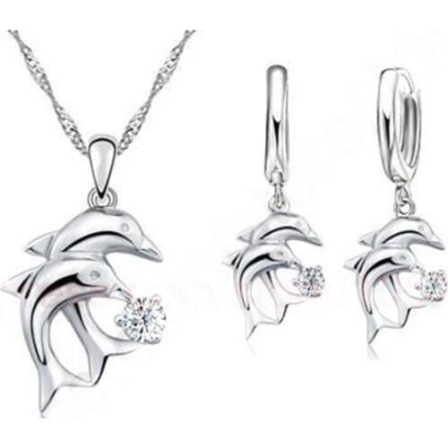Doule Dolphin Jewelry Sets 925 Sterling Silver Jewellery White Cubic Zirconia Pendant Necklace Lever Back Earring