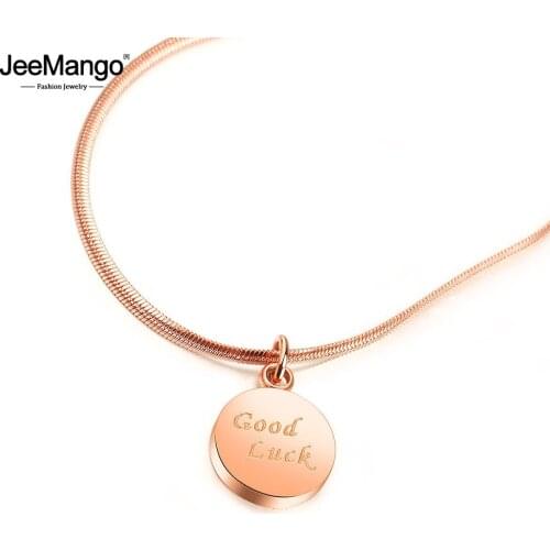 JeeMango Trendy Stainless Steel Rose Gold Love Custom Good Luck English Letter Pendant Necklace Women Party Xmas Gift JN18237