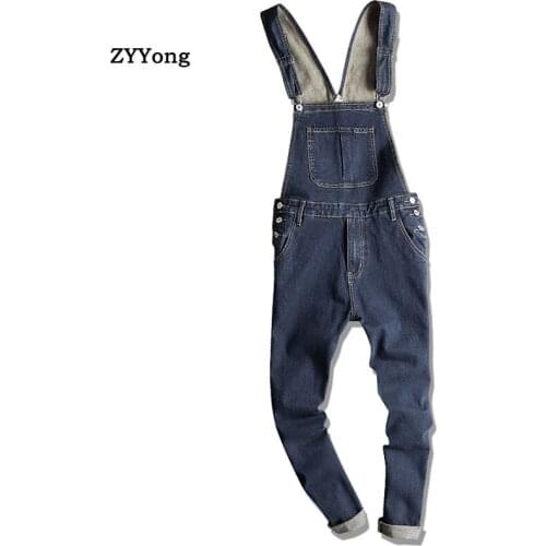 American Dark Blue Overalls Men Denim Jumpsuit Straight Jeans Bib Hip Hop Big Pocket Slim Cargo Pants Youth Trousers Clothing