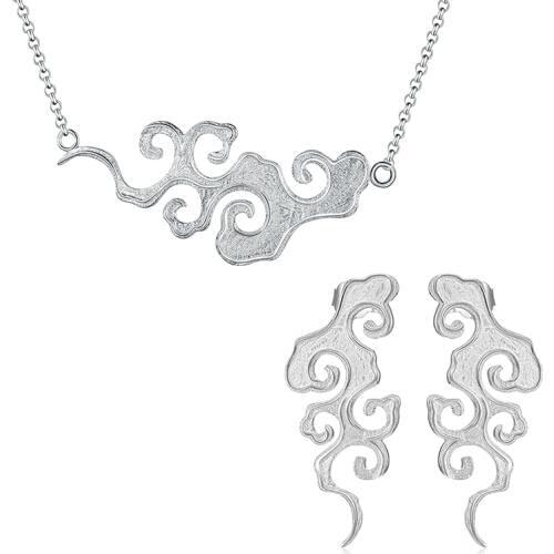Lotus Fun Real 925 Sterling Silver Handmade Designer Fine Jewelry Sunset Cloud Jewelry Set with Drop Earring Pendant Necklace