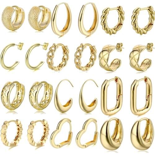 KSRA Gold Chic O Shaped Twisted Brass Huggie Earrings For Women Vintage Threads Textured Chunky Hoop Earrings Minimalist Jewelry