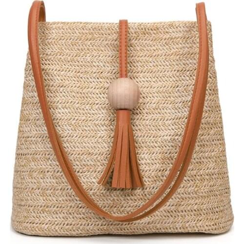Summer Bucket Bag Fashion Shoulder Straw Wooden Ball Fringe Messenger Bag Best Sale-WT