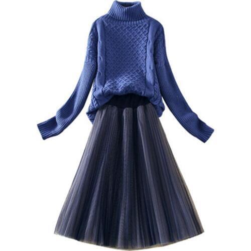 Fashion skirt suit Women spring fall New woolen Plus size womens casual suit sweater + mesh skirt two-piece suit women (M-4XL