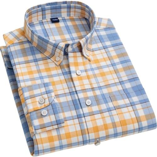 AOLIWEN Men 100%Cotton Oxford Plaid Solid Color Shirt 2021 Spring Autumn Casual Antibacterial Comfortable Long Sleeve Slim Shirt