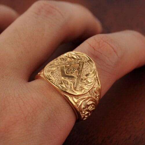 Gold And Silver color Mens Embossed Stamped Freemason Masonic Ring 316L Stainless Steel Ring New Mens Jewelry