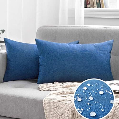 Pack of 2 Decorative Outdoor Solid Waterproof Throw Pillow Covers Cotton Linen Garden Farmhouse Cushion Cases 18x18 inch Blue