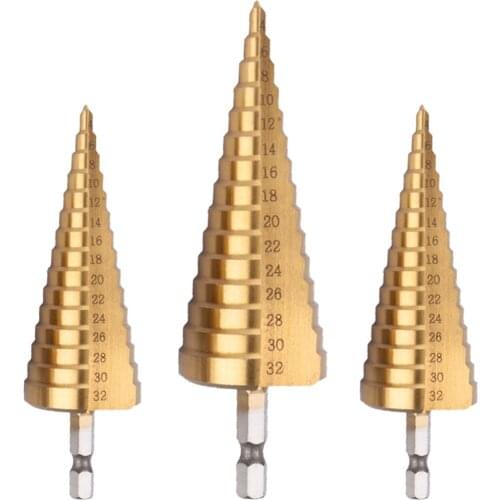 3Pcs HSS Steel Titanium Step Drill Bit Set 4-12/20/32mm Metal Wood Hole Cutter Coated Cone Core Drilling Hole Saw Cutter Tools
