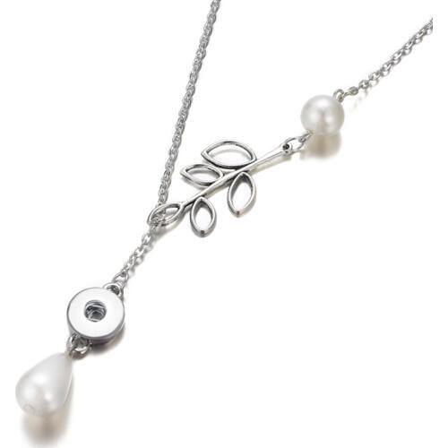New Fashion Hollow Leaves Drop Imitation pearls Snap necklace 50cm fit DIY 12MM snap buttons jewelry wholesale DJ0029