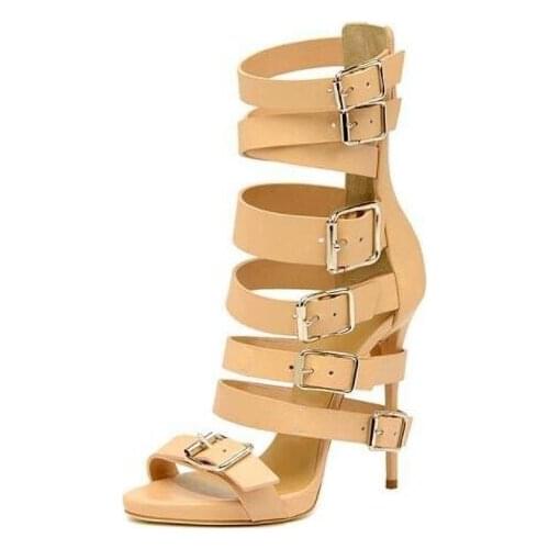Sexy Nude Leather Buckle Strap Sandal Peep Toe Cut-out Cage Shoes Women Thin Heels Strappy Sandals Shoes Gladiator Heels Summer