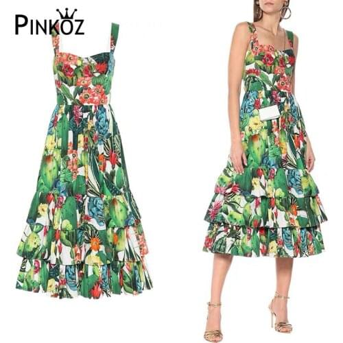 Pinkoz runway designer green tropical flower prined spaghetti strap summer midi dress party beach holiday chic dresses robe new