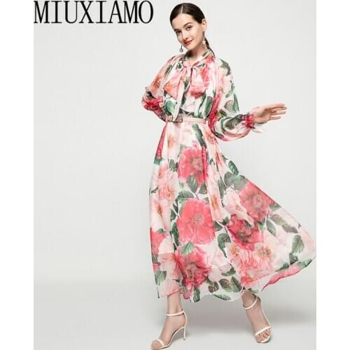 MIUXIMAO 2021 Long Dress Bohemian Spring Summer New Women Full Sleeve Flower Printing Fashion Elegant Chic Loose Dresses Belt