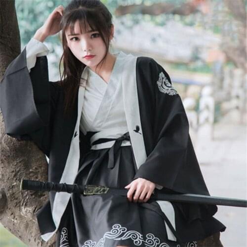 2020 Japanese Bushido Women Dress 2 Pieces Coat and Dress Long Large Sleeve Cuff Japanese Girl Robe Crane Print White and Black