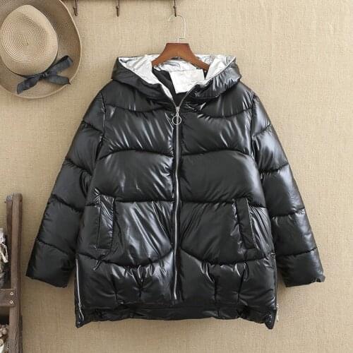 Plus Size Womens Cotton Coat Winter Fur Collar Hooded Large Size Jacket Imitation Leather Long Sleeves Cotton And Thickened