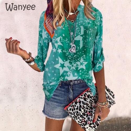 Casual Women Autumn Button Half Sleeve Loose Tops Female Streetwears Spring New Shirt Star Print V-Neck Pocket S-5XL Fashion