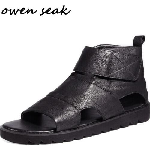 Owen Seak Men Rome Sandals Genuine Leather Gladiator Sandals High-Top Buckle Strap Slippers Slides Summer Men Sandals Shoes