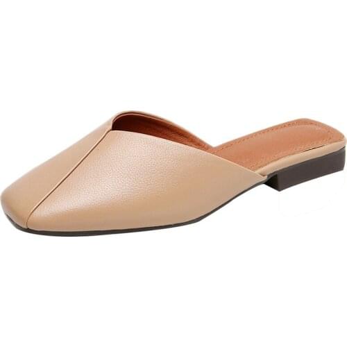 Grain Leather Fluffy Muller Lazy Sandals Shoes Fashion Square Toe Women Slippers Size 35-43