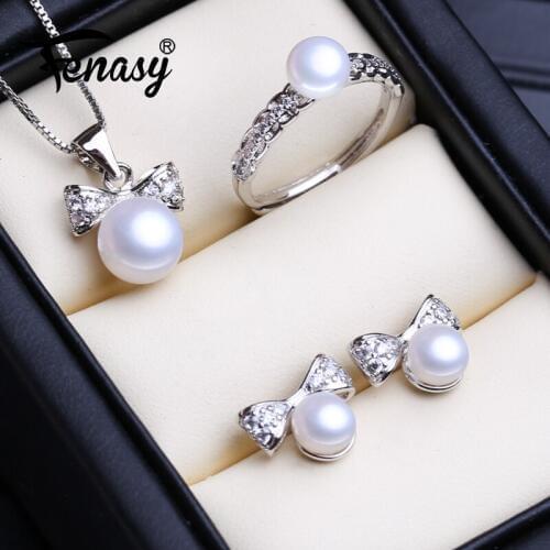 FENASY 925 Sterling Silver Pendant Necklace Natural Pearl Jewelry Sets For Women Bohemian Bowknot Stud Earrings Party Rings