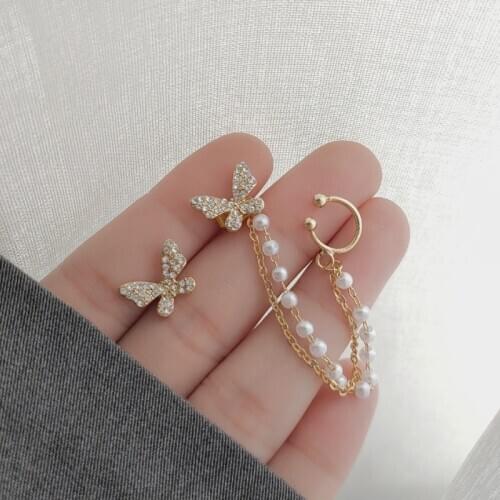 XIALUOKE Bohemia Asymmetric Butterfly Pearl Chain Tassel Ear Bones Stud Earrings For Women New Fashion Party Jewelry Accessories
