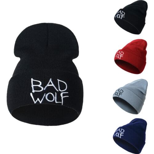 Fall and Winter Womens BAD WOLF Letter Embroidery Beanies Hat Men Casual Hip-hop Skullies Cap 4 Colors Ht8226