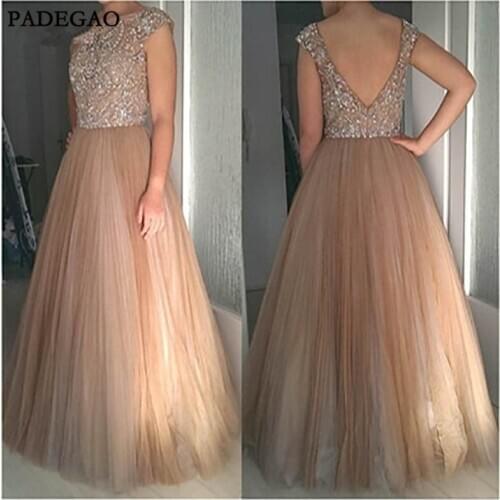 Gorgeous Evening Dresses With Beading A-Line Sleeveless V Back Tulle Sexy Evening Dress Custom Made For Girls