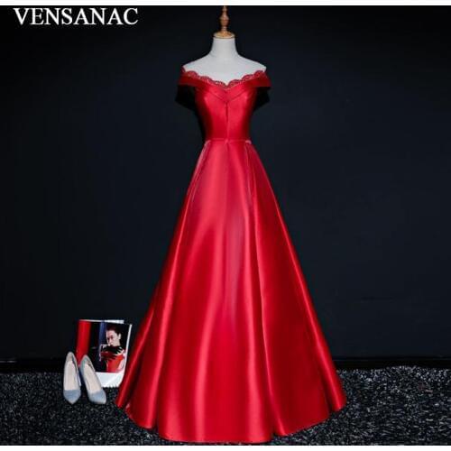 VENSANAC 2018 Vintage V Neck A Line Sequined Long Evening Dresses Elegant Short Cap Sleeve Satin Party Prom Gowns