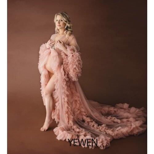 Hot Pink Long Sleeves Maternity Dresses For Bbay Shower Maxi Gown Split Front Pregnant Women Photography Props Pregnancy Dress