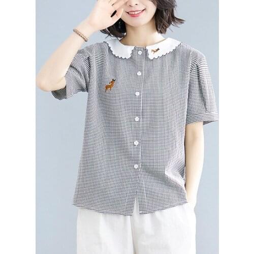 Women Summer Cotton Casual Shirts New Arrival 2021 Simple Style Peter Pan Collar Embroidery Female Short Sleeve Plaid Tops B516