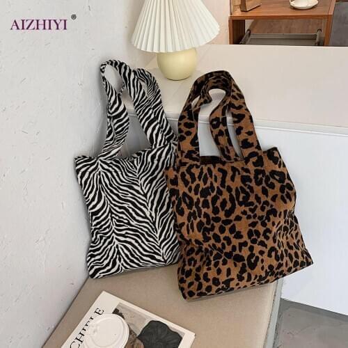Women Corduroy Handbags Zebra Leopard Pattern Shoulder Bag Large Capacity Ladies Animal Tote Bags