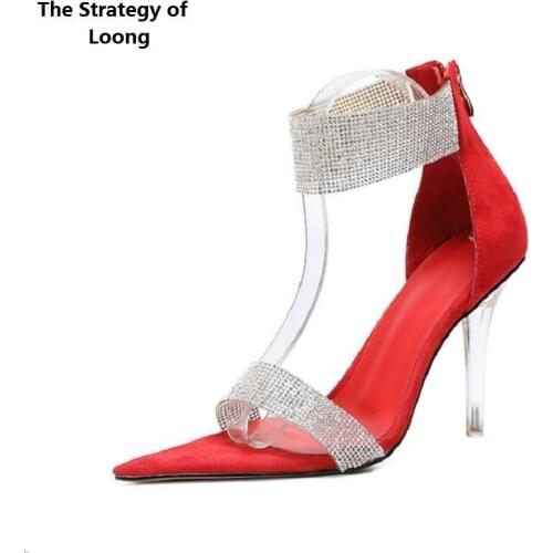 Summer New Internal Celebrity Crystal Thin Heels Pointed Toe Cut Out Plus Size 42 43 Genuine Leather Women Gladiator Sandals