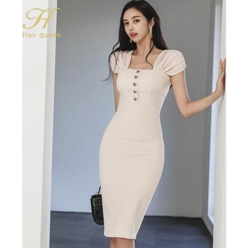 H Han Queen 2021 New Summer Vestidos Simple Chic Work Wear Party Dress Womens Office Bodycon Sheath Casual Pencil Dresses