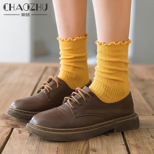 CHAOZHU Women fashion rib 100%% cotton knitting laciness gimp tatt sweet 16 kinds of solid colors daily socks kawaii Korea