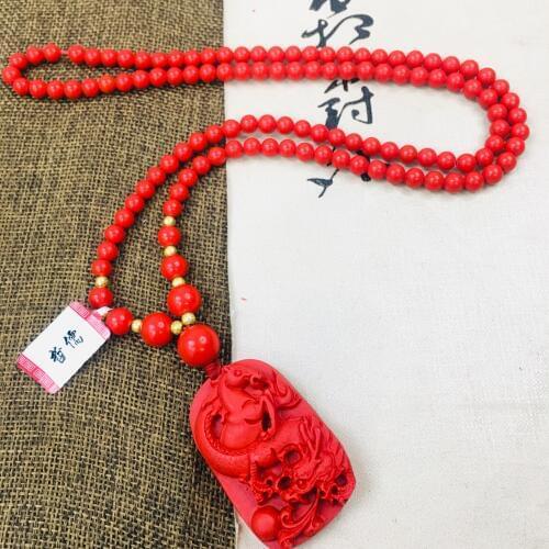 Zheru natural cinnabar carved red dragon play bead pendant with multi-color bead necklace exquisite men and women sweater chain