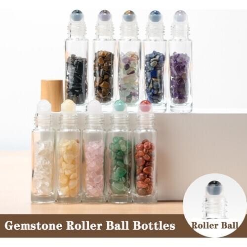 10Pcs Portable Natural Crystal Roller Ball Bottles Thick Glass Essential Oil Mist Spray Container 10ML Travel Refillable Bottle