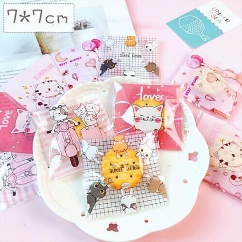 100pcs/lot Plastic Cookies Ziplock Bag Multicolor Cartoon Decor Homemade Snack Food Packaging Bags Party Nougat Wrapper Bag 7*7