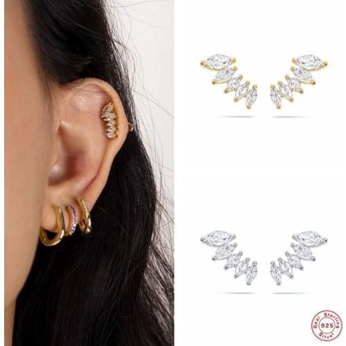 Aide 925 Sterling Silver Gold Five Oval Zircon Stud Earring Clear Crystal Leaf Branch Line Ear Stud Piercing Pendientes Jewelry