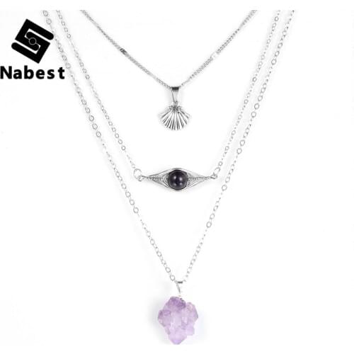 Women Natural Stone Irregular Amethysts Pendant Necklace Multi-layers Metal Wire Eye Shell Charm Choker Clavicle Chain Jewelry