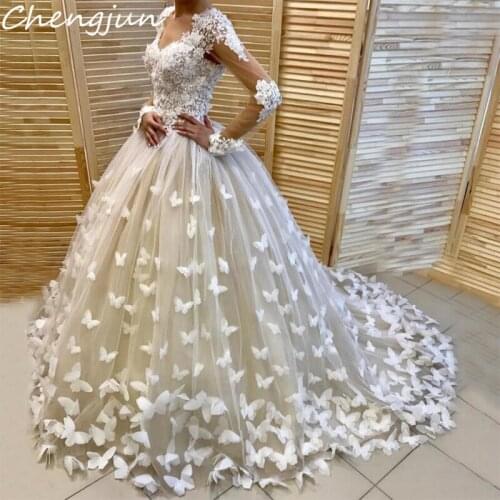 Chengjun Handmade Butterfly Appliques Long Sleeves Ball Gown China Wedding Dresses