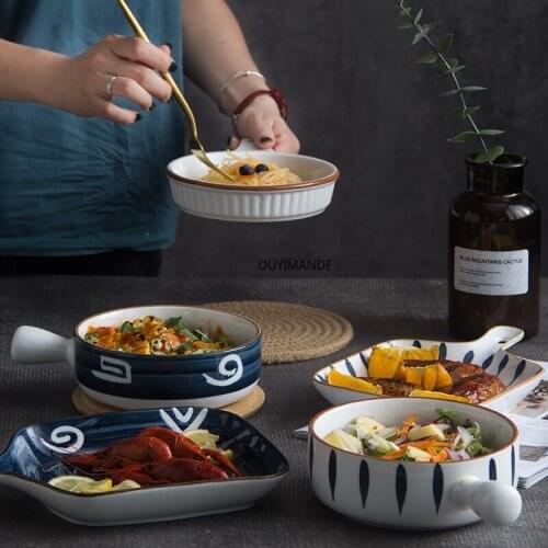 Baking Bowl Home Heat-resistant Creative Baking Bowl with Handle Noodle Bowl with Lid Ceramic Japanese-style Baked Rice Bowl