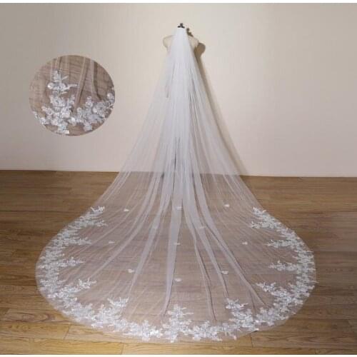 Elegant Long Wedding Veil, Lace Applique Bridal Veil, White/Ivory Large Tail Veil, Exquisite Romantic Church Veil, Lace Bridal V