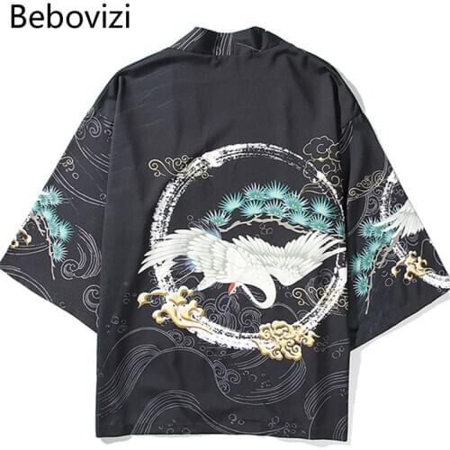 Bebovizi Japanese Style Crane Print Cardigan Beach Kimono Harajuku Women Man Yukata Streetwear Mens Traditional Korean Robe Top